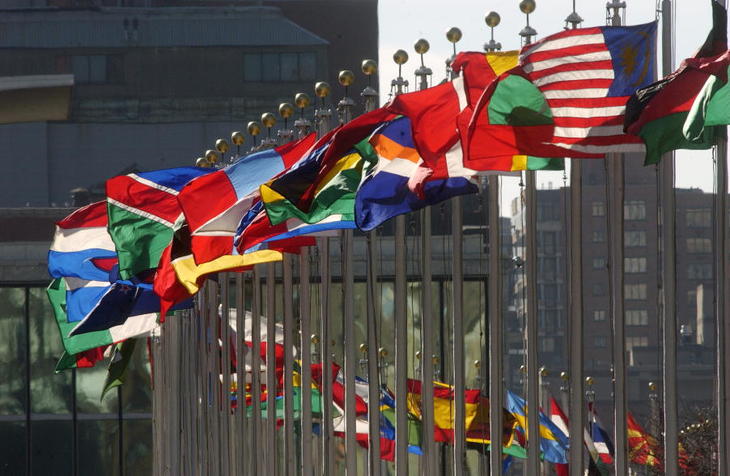 Flags of member nations flying at United Nations Headquarters